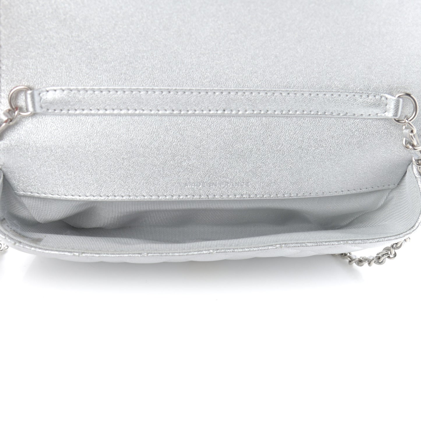 Metallic Lambskin Quilted Glasses Case With Chain Silver