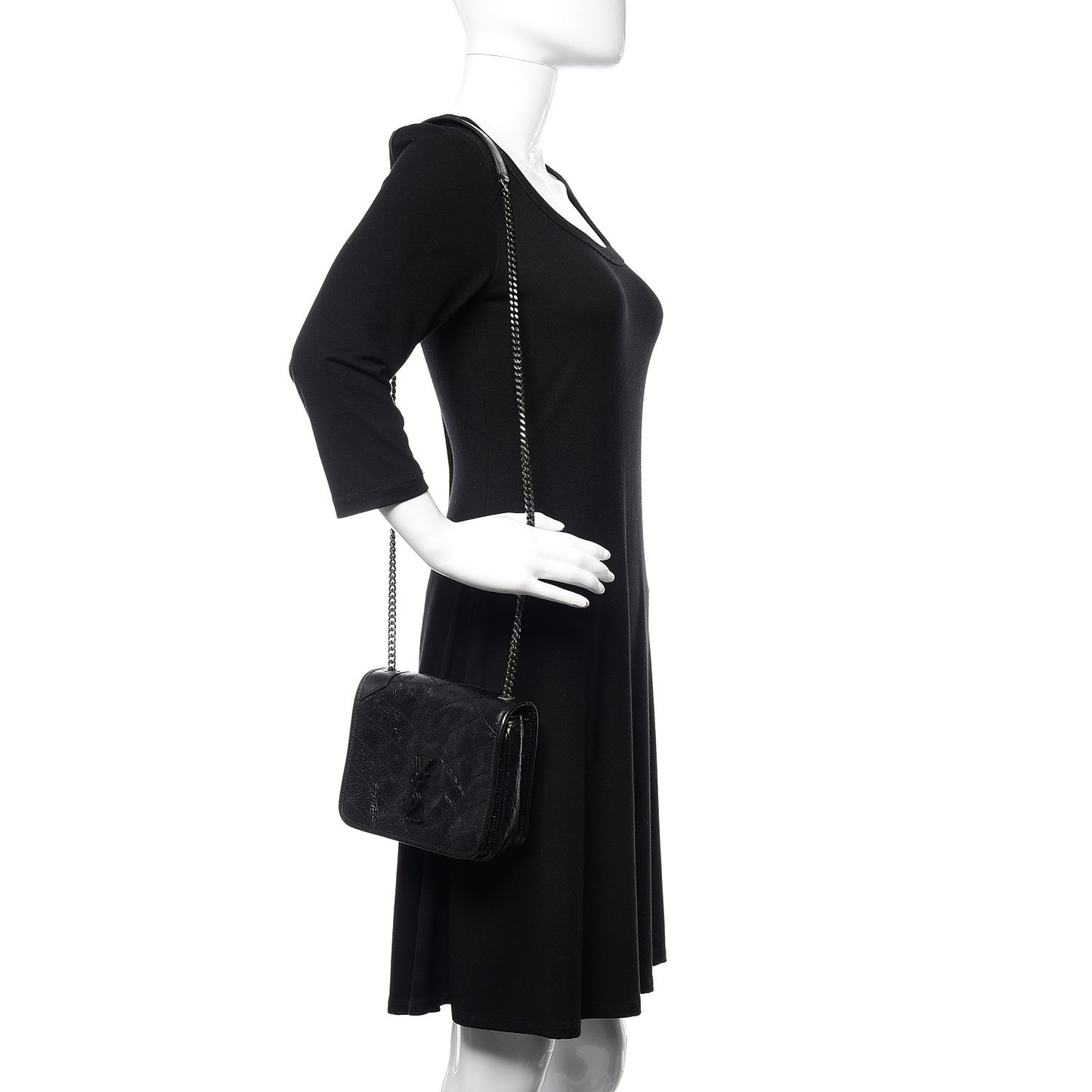Crinkled Calfskin Matelasse Monogram Niki Chain Wallet Black