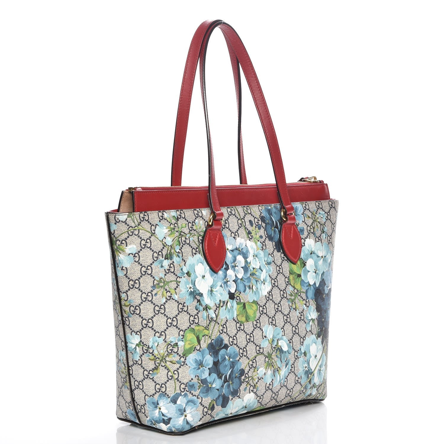 Gucci GG Supreme Monogram Blooms Medium Zippered Bucket Tote Beige Blue Navy Hibiscus Red 3 of 9