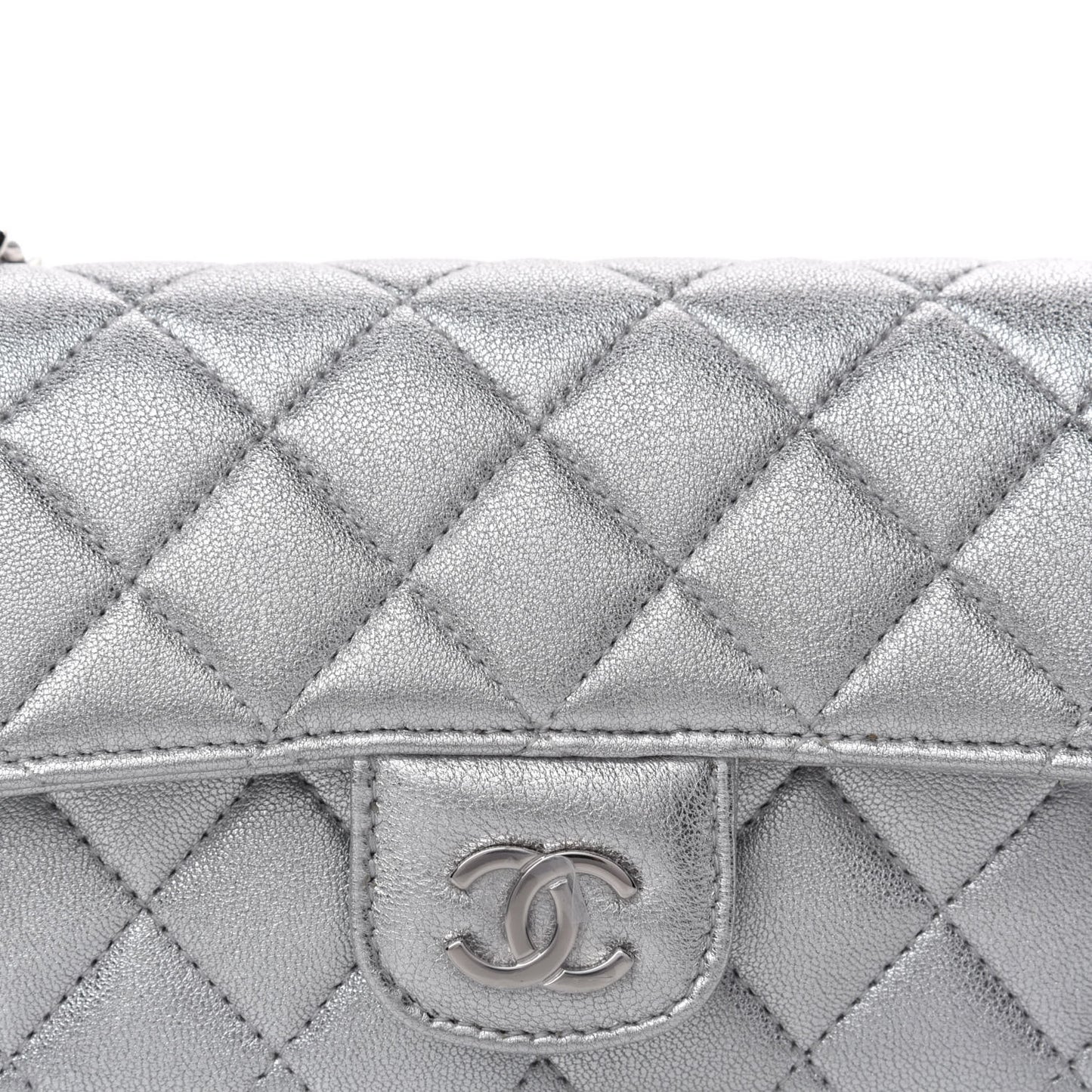 Metallic Lambskin Quilted Glasses Case With Chain Silver