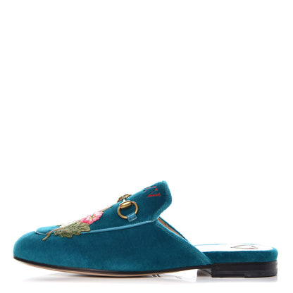 Gucci Velvet Floral Embroidered Womens Princetown Slippers 35.5 Pavone 1 of 11