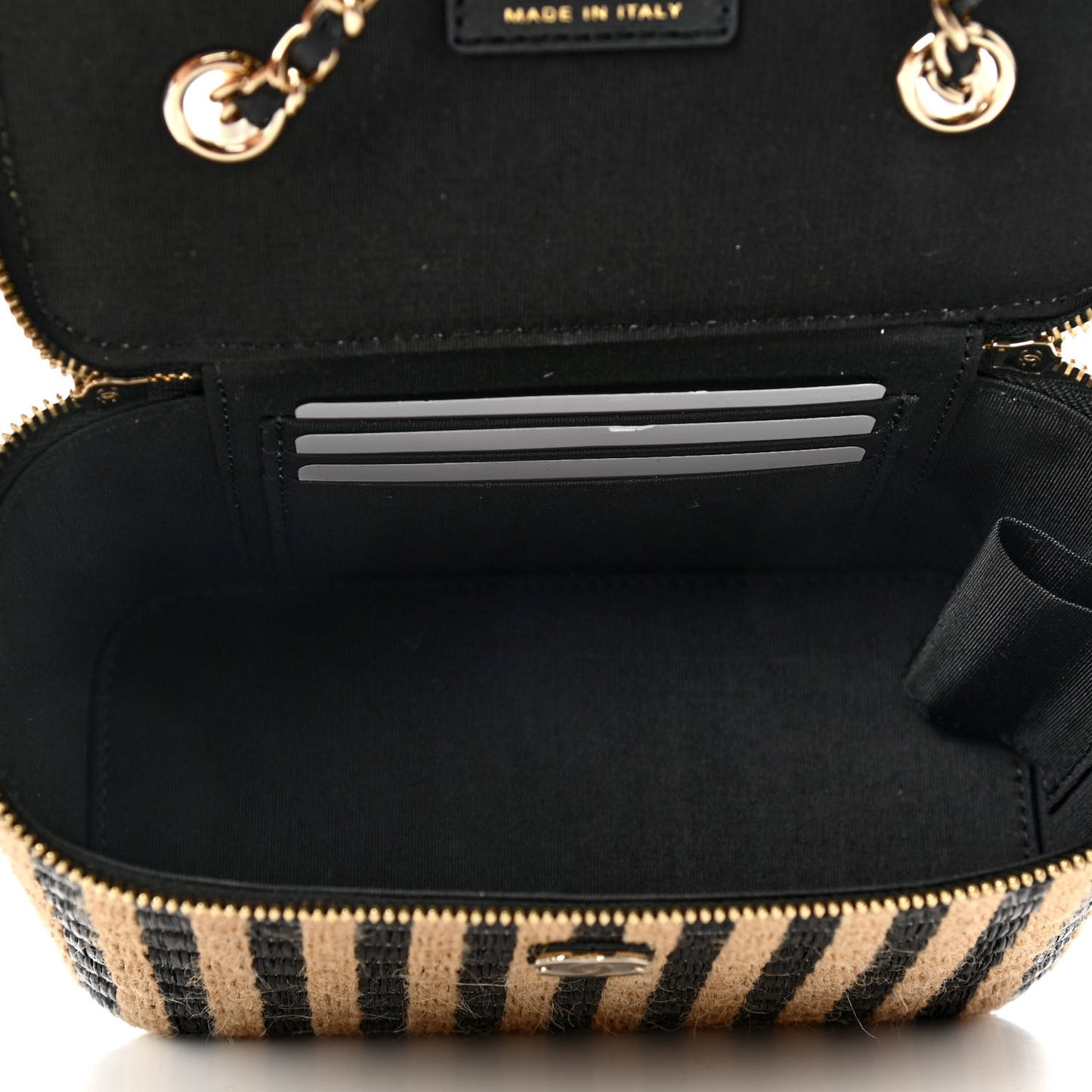 Raffia Jute Striped Small Vanity Case With Chain Black Beige