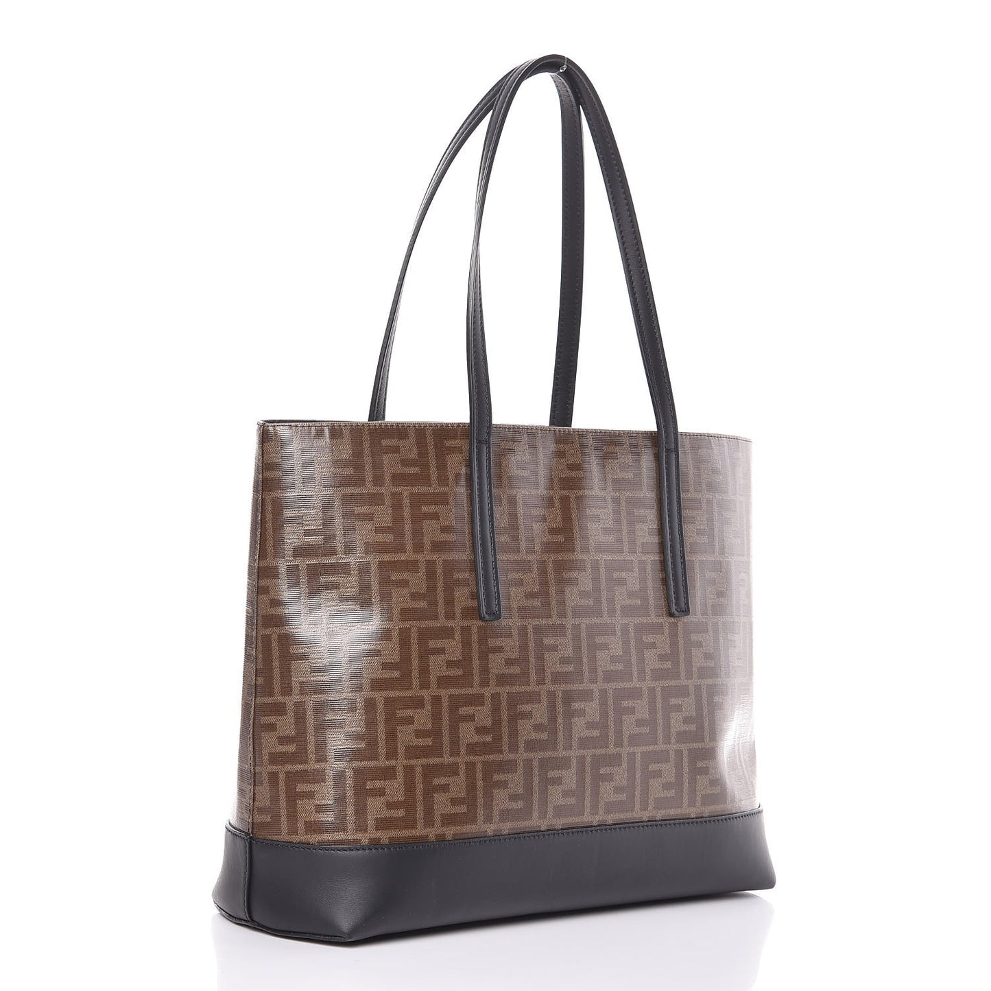 Glazed Fabric Vitello Century FF 1974 Stamp Patch Shopping Tote Mogano Panna Black