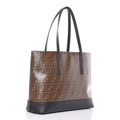 Fendi Glazed Fabric Vitello Century FF 1974 Stamp Patch Shopping Tote Mogano Panna Black 3 of 11