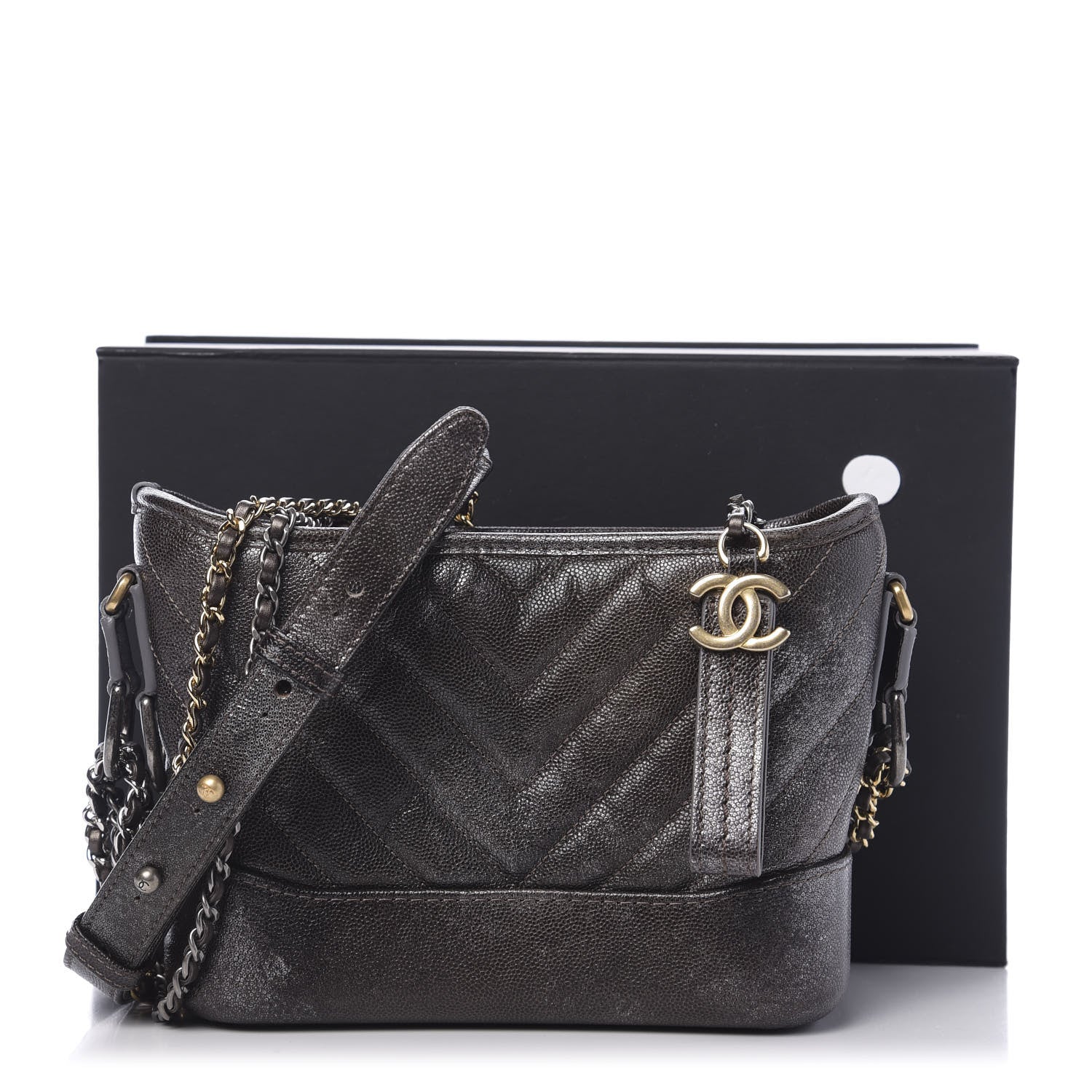 Chanel Metallic Caviar Chevron Quilted Small Gabrielle Hobo Brown Gold 11 of 11
