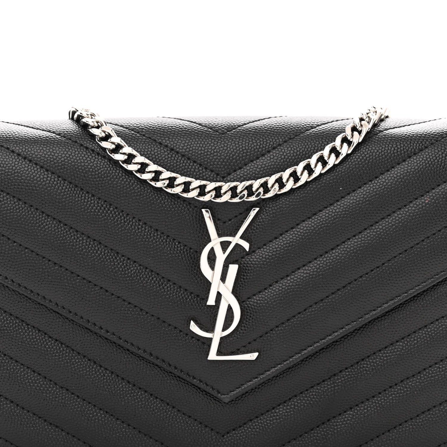 Saint Laurent Grain De Poudre Matelasse Chevron Monogram Chain Wallet Black 7 of 14