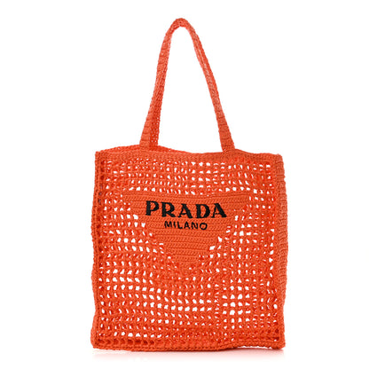 Prada Yarn Raffia Effect Crochet Logo Embroidered Tote Bag Arancio 1 of 9