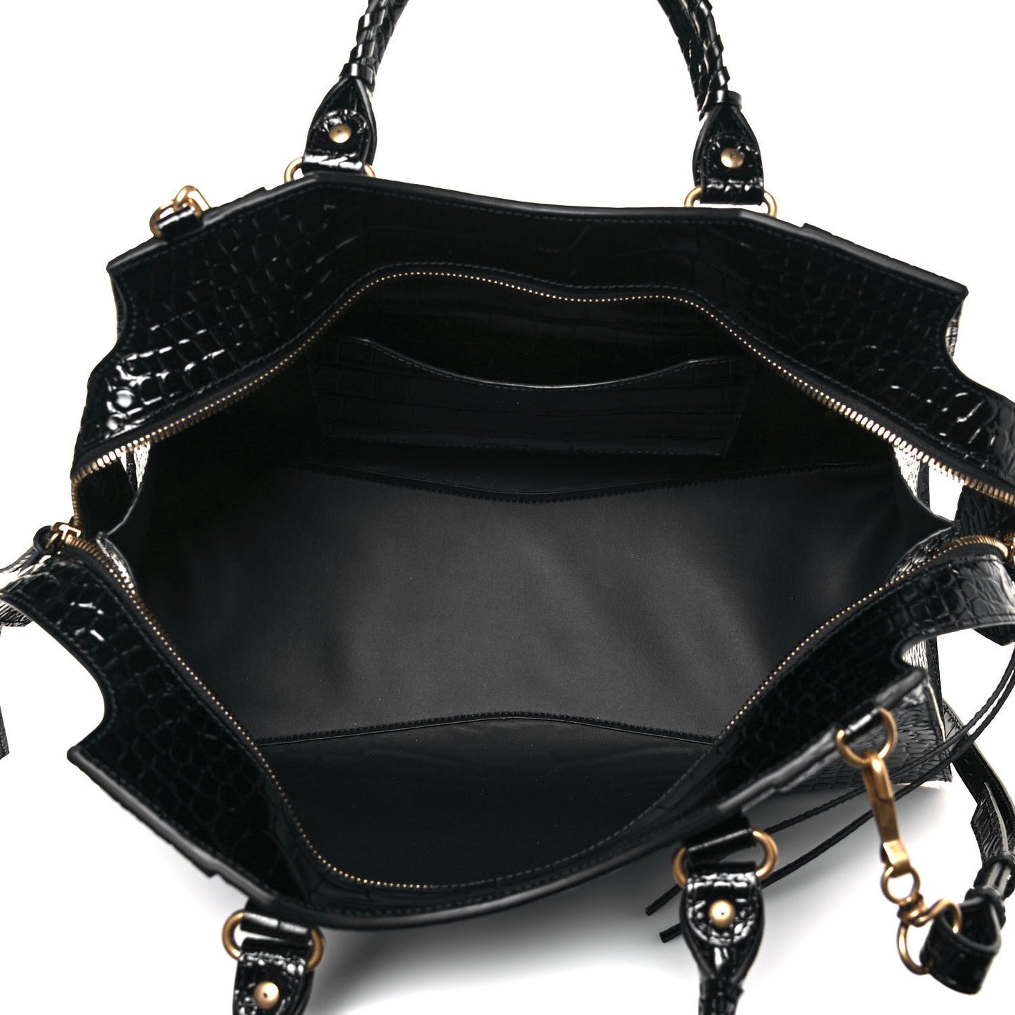 Shiny Supple Calfskin Crocodile Embossed Brass Hardware Neo Classic City Black