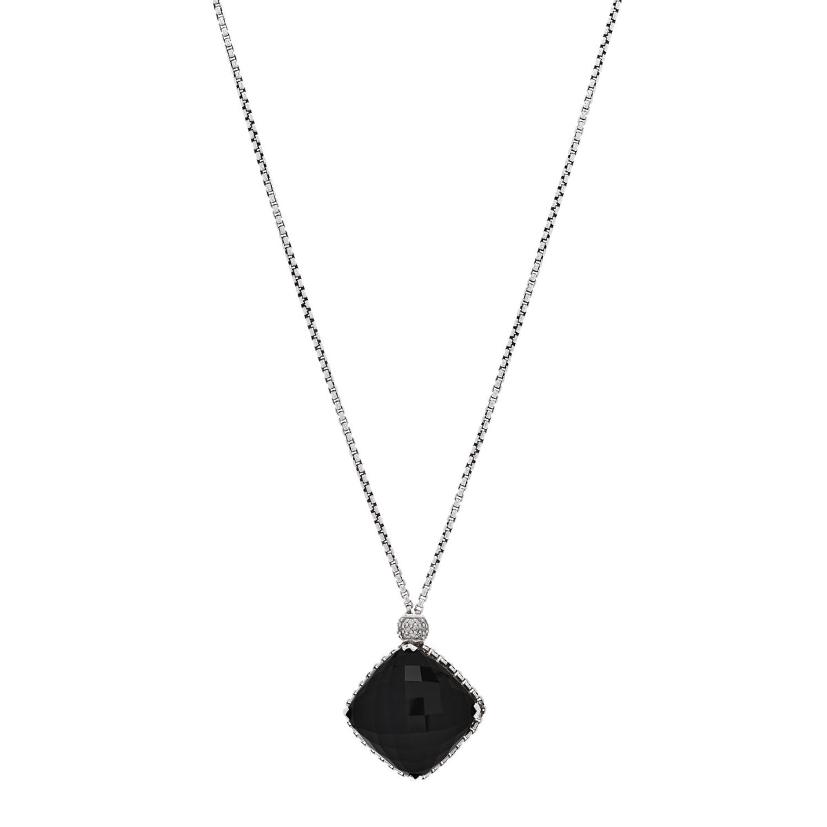 Sterling Silver Diamond Black Onyx 20mm Cushion On Point Pendant Necklace