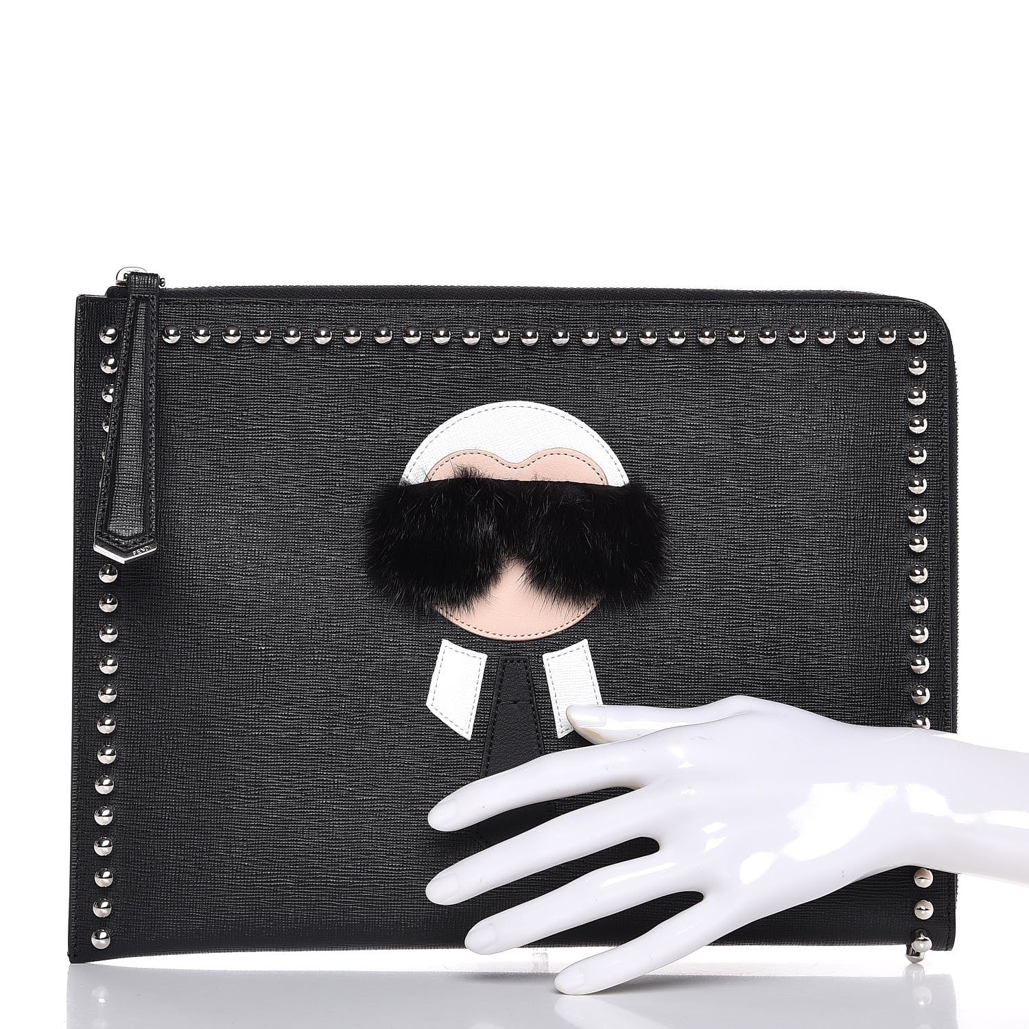 Fendi Vitello Elite Mink Fur Studded Karlito Zip Around Pouch Black 2 of 7
