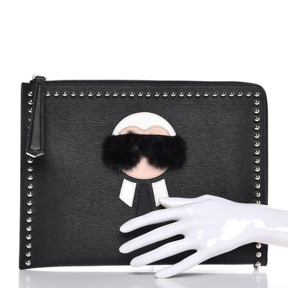 Fendi Vitello Elite Mink Fur Studded Karlito Zip Around Pouch Black 2 of 7