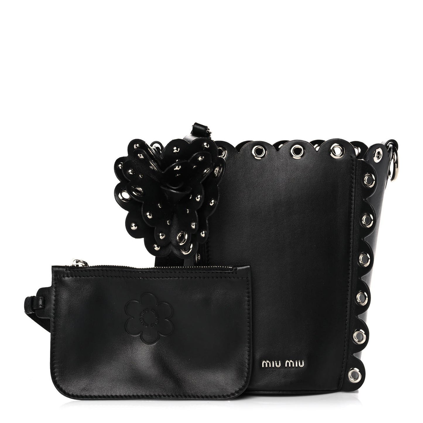 Calfskin Scalloped Grommet Bucket Bag Black