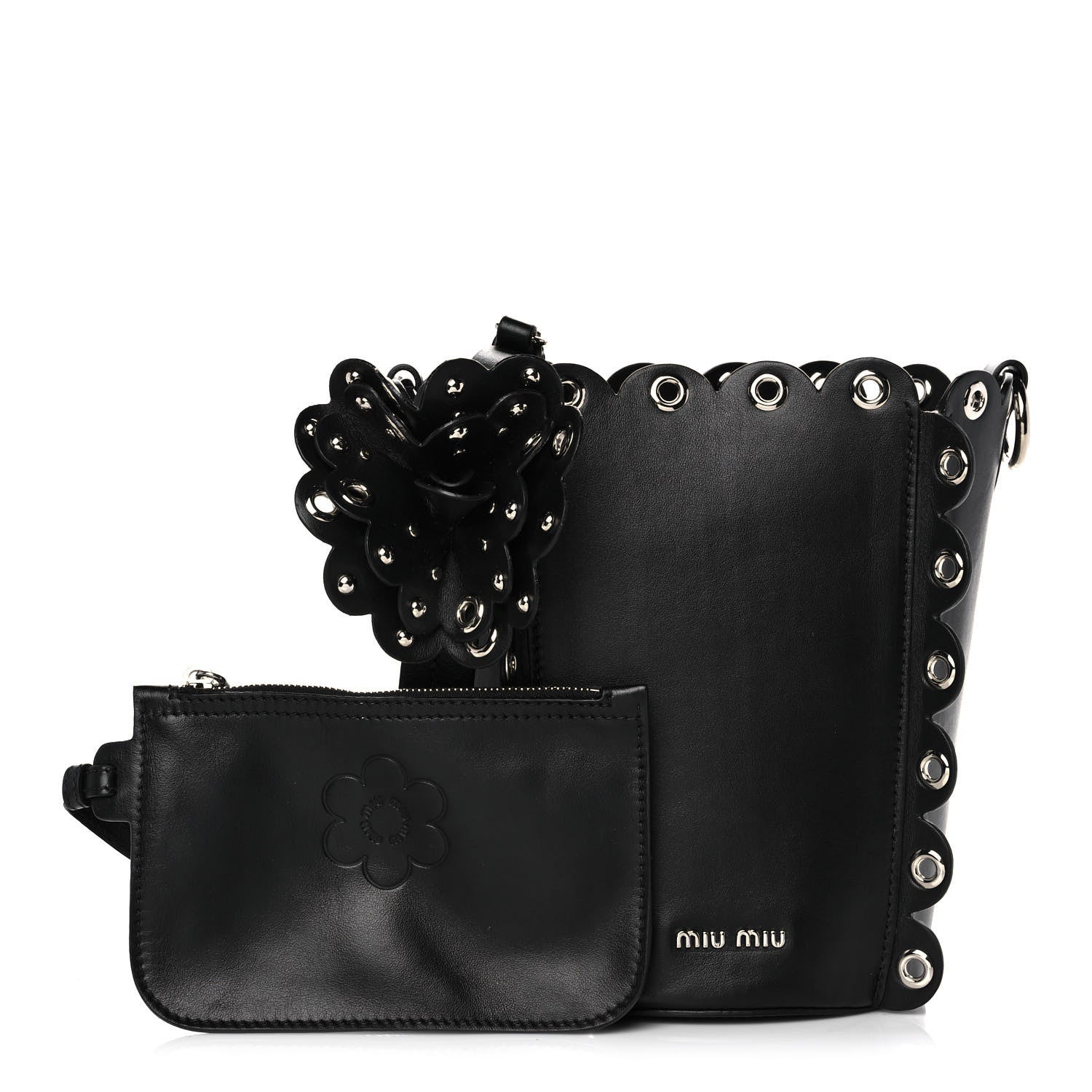 Miu Miu Calfskin Scalloped Grommet Bucket Bag Black 2 of 10