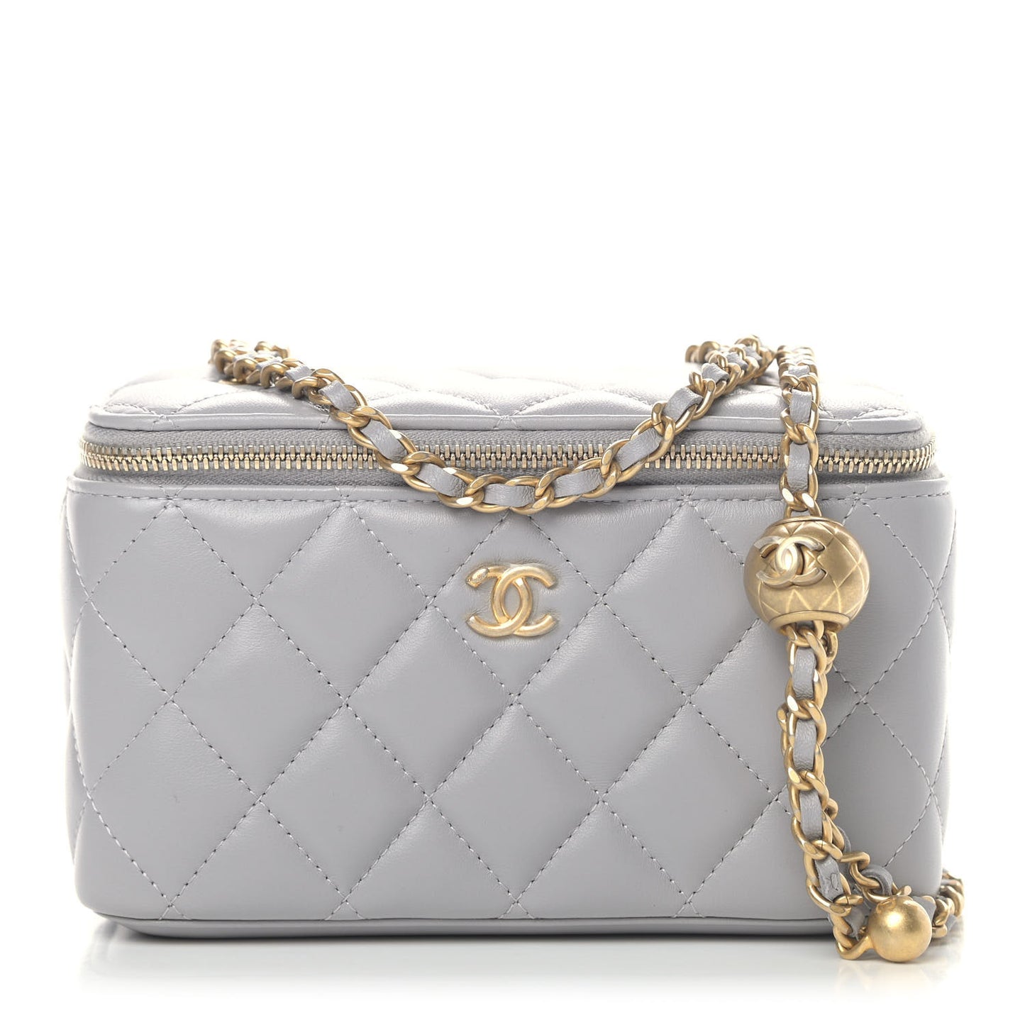 Lambskin Quilted Small Pearl Crush Vanity Case With Chain Grey