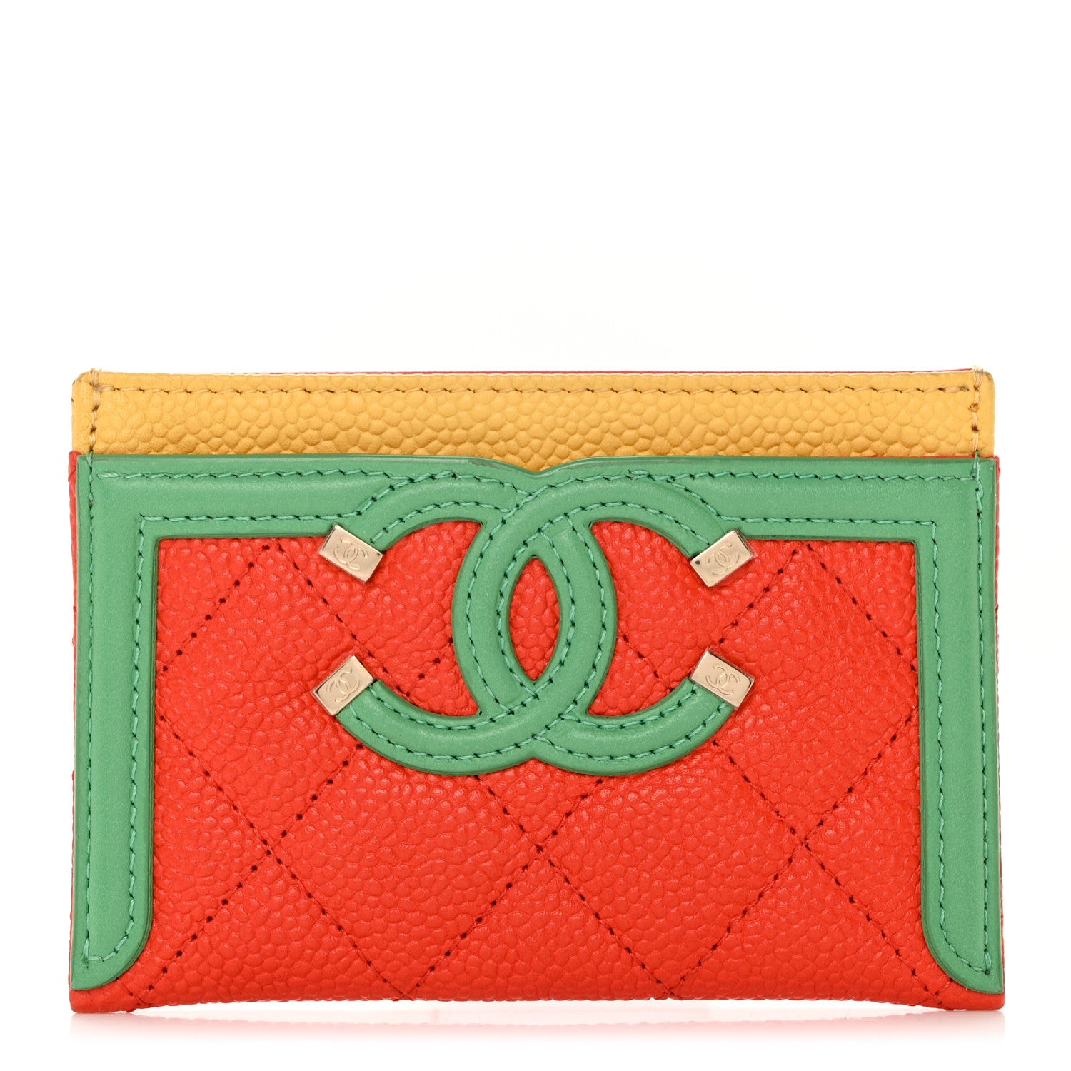 Chanel Caviar Quilted Filigree Card Holder Red Green Yellow 1 of 8