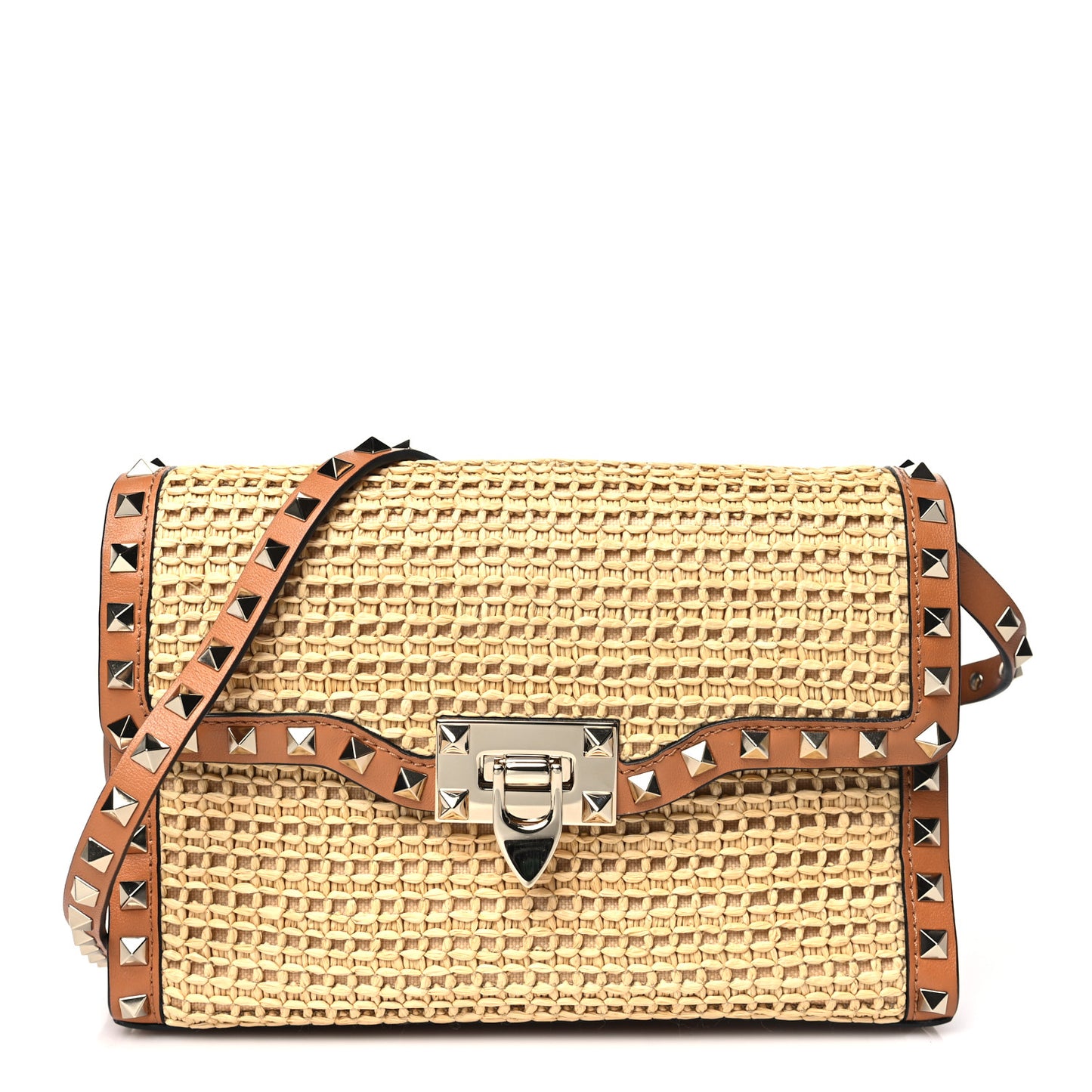 Raffia Calfskin Small Rockstud Flip Lock Crossbody Bag Natural Saddle Brown
