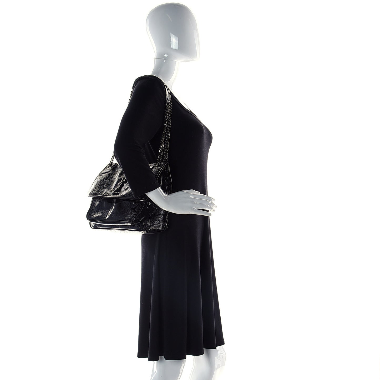 Patent Crocodile Embossed Lambskin Monogram Medium Niki Chain Satchel Black