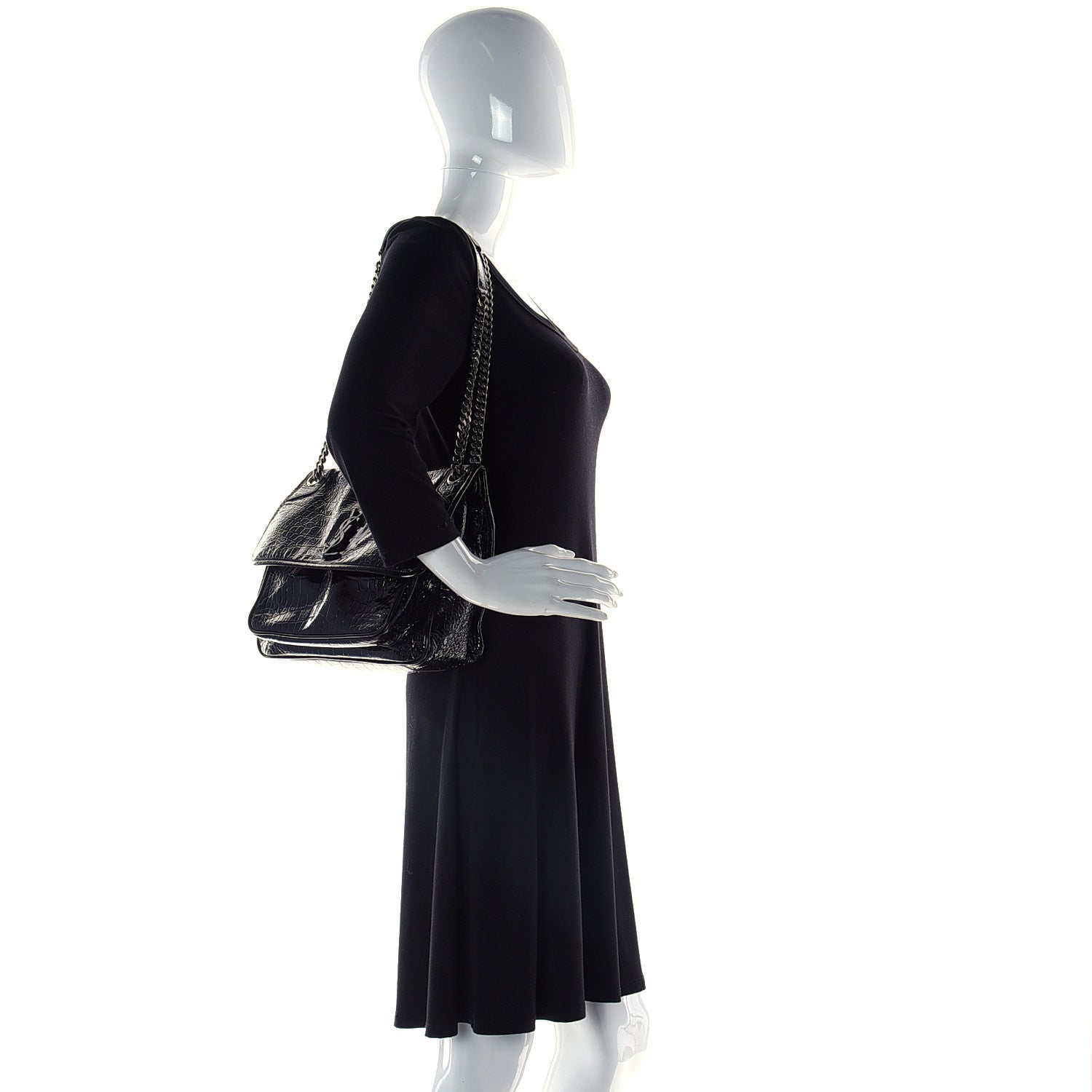 Saint Laurent Patent Crocodile Embossed Lambskin Monogram Medium Niki Chain Satchel Black 2 of 9