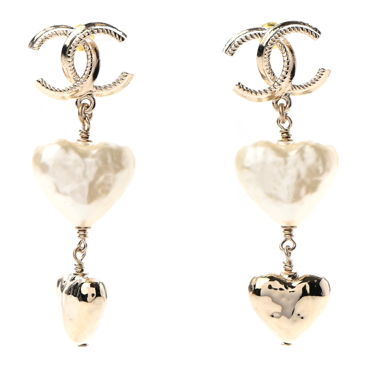Pearl CC Double Heart Drop Earrings Gold
