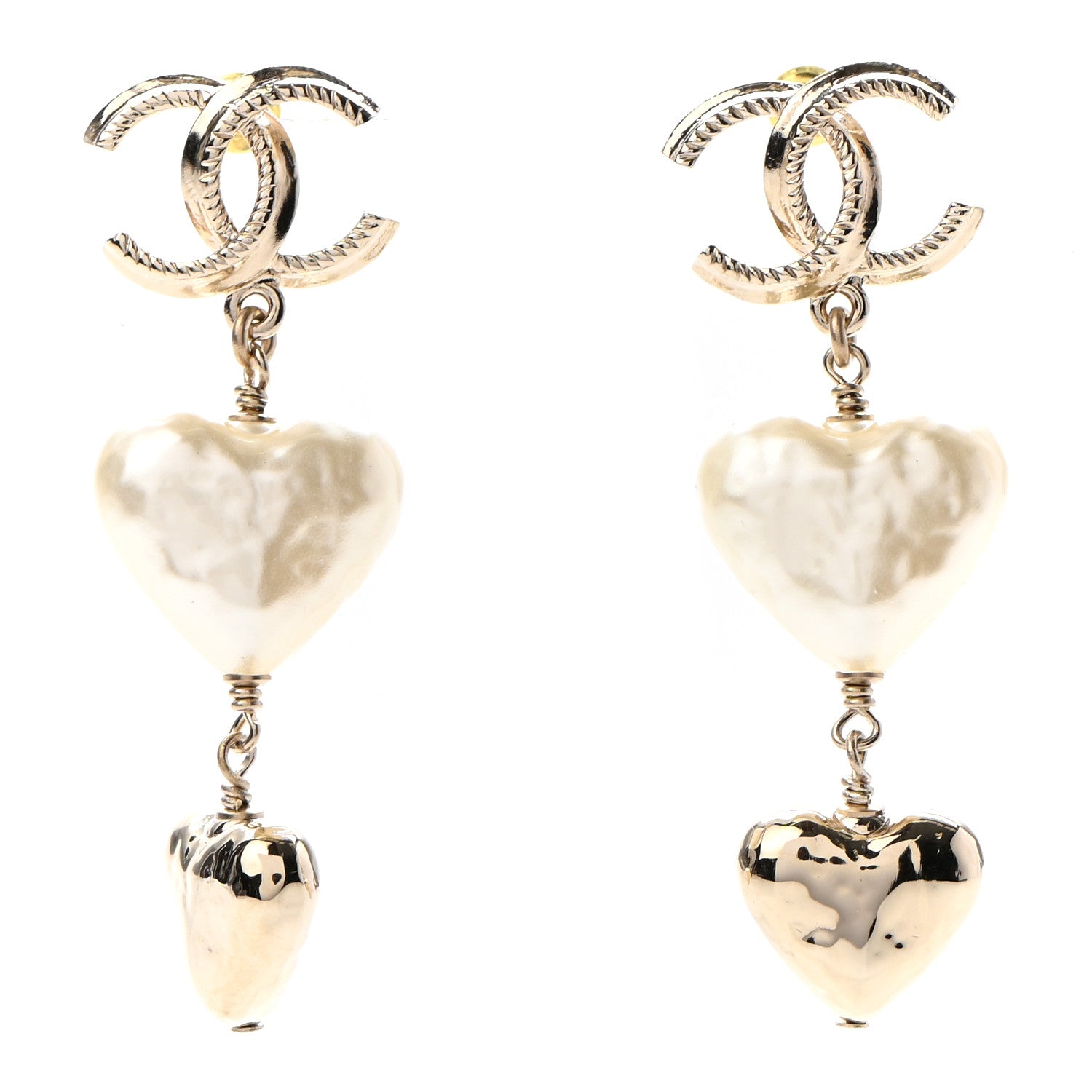 Chanel Pearl CC Double Heart Drop Earrings Gold 1 of 4