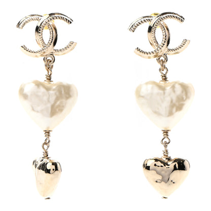 Chanel Pearl CC Double Heart Drop Earrings Gold 1 of 4