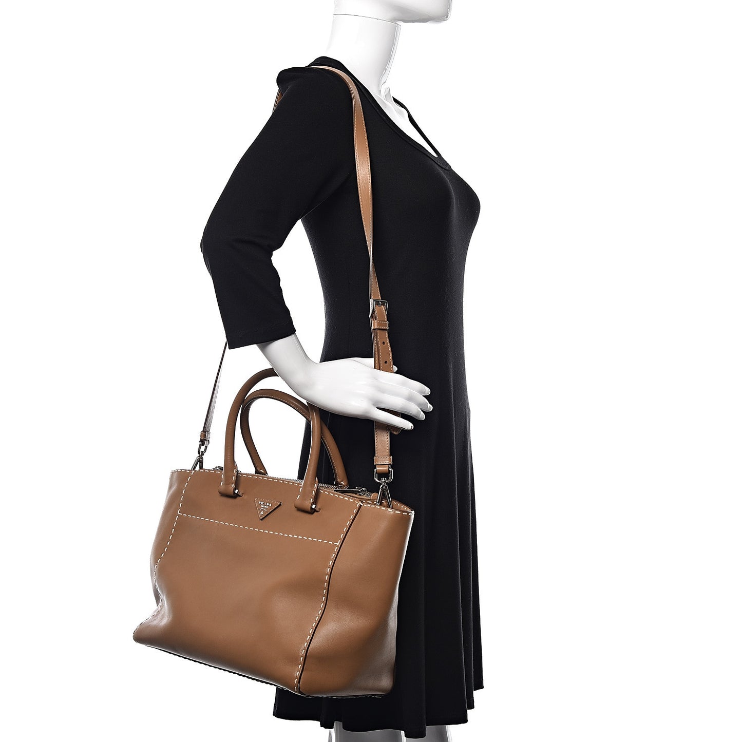 City Calf Small Hand Stitched Galleria Double Zip Tote Caramel