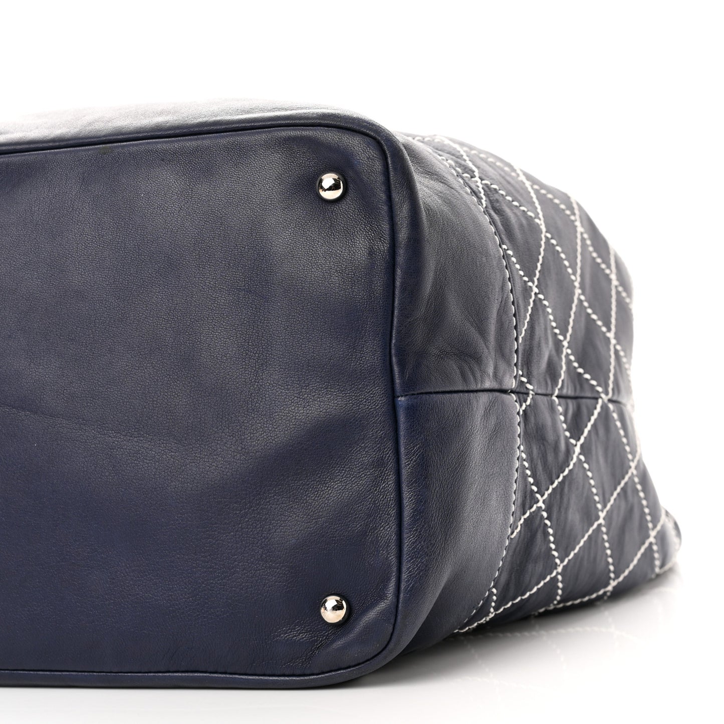 Lambskin Contrast Stitch Large Drawstring Tote Navy