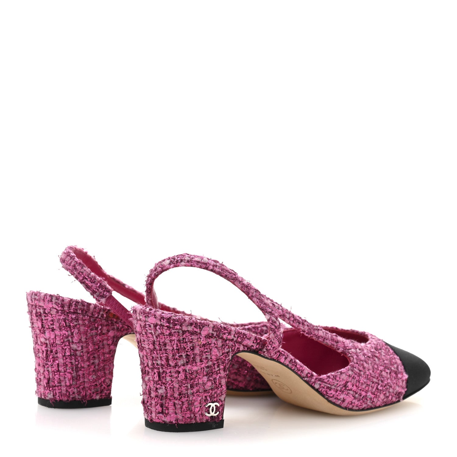 Chanel Metallic Tweed Grosgrain Cap Toe CC Slingback Pumps 36 Pink Black 38.5 Pink Black 5 of 9