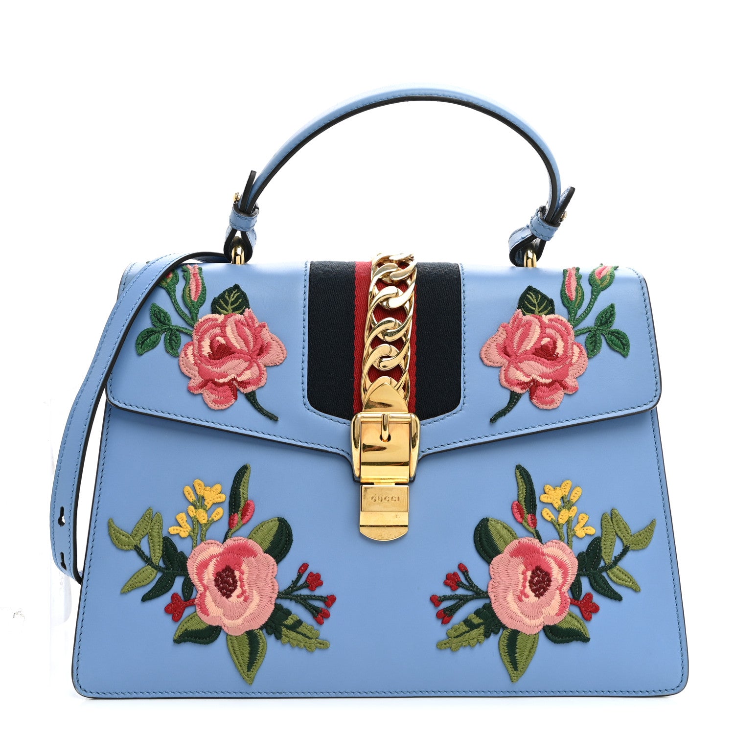 Gucci Calfskin Embroidered Medium Sylvie Top Handle Bag Clear Sky Blue 1 of 13
