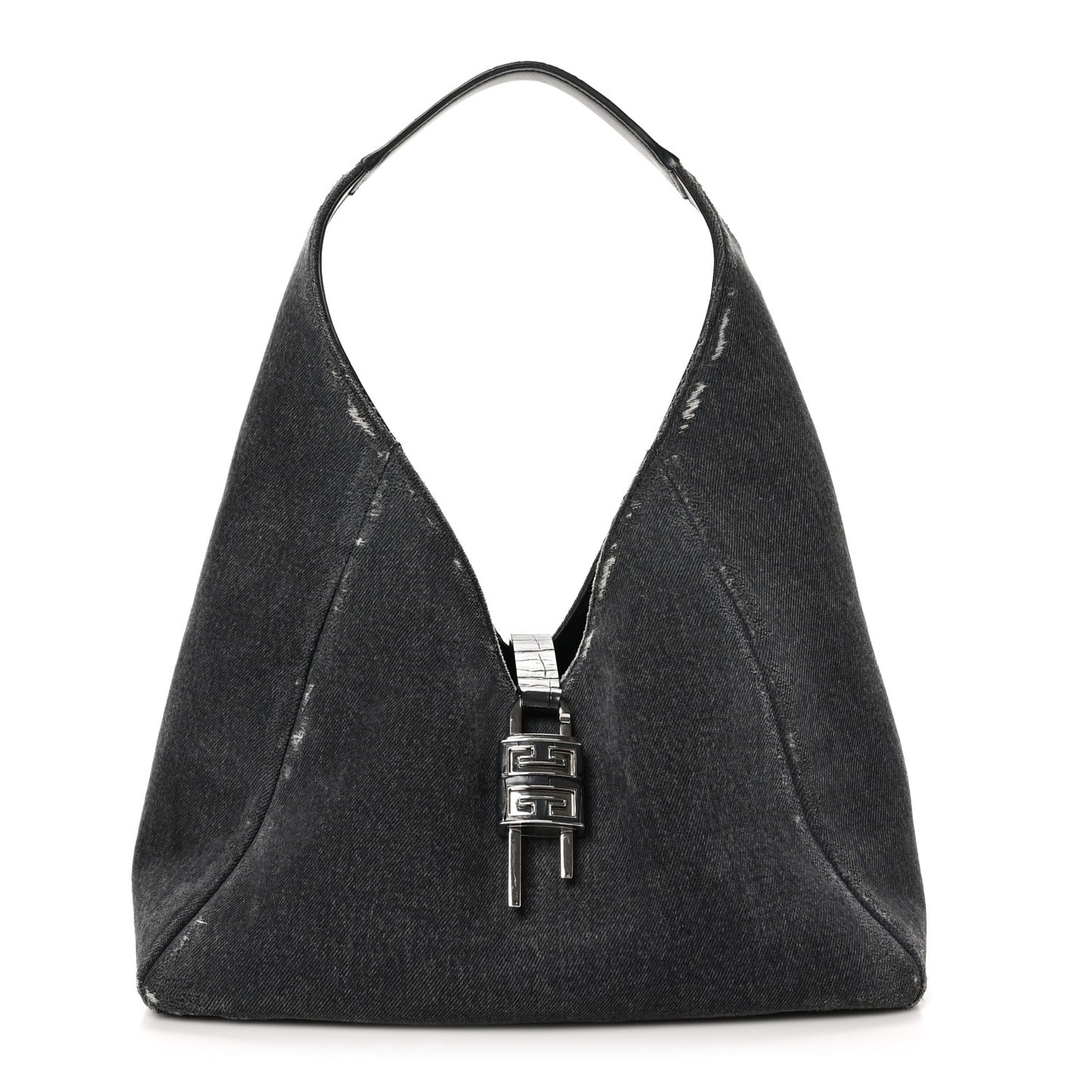 Washed Denim Calfskin Crocodile Embossed Medium G-Lock Hobo Black