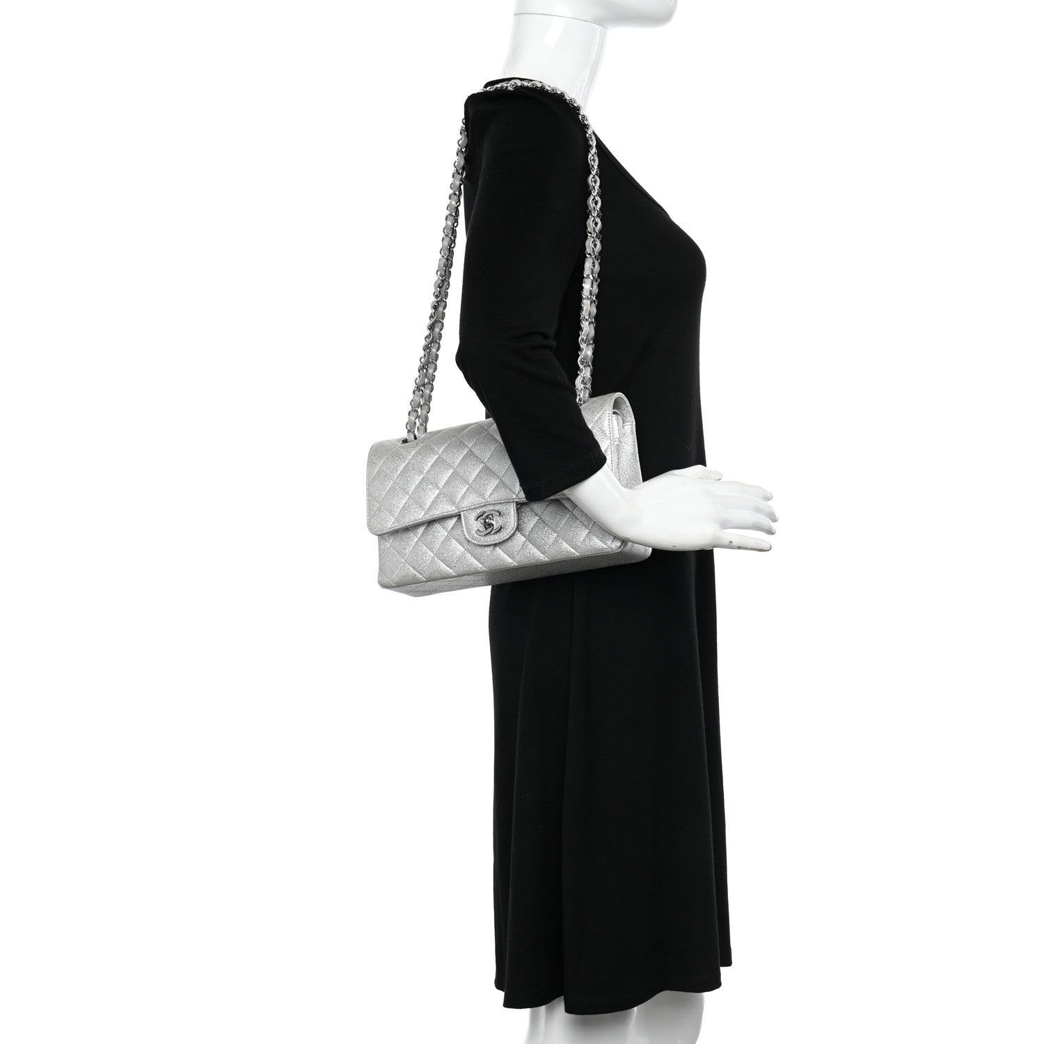Chanel Glittered Metallic Caviar Quilted Medium Double Flap Silver 2 of 11