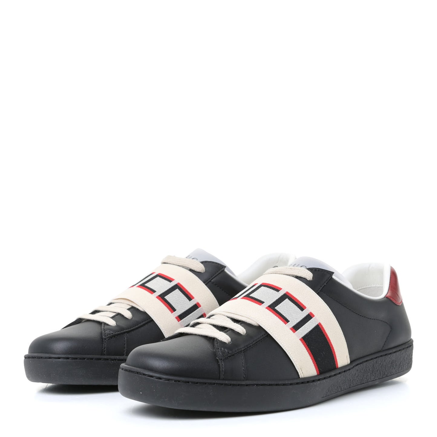 Calfskin Stripe Mens New Ace Sneakers 7 Black Ecru Red Flame