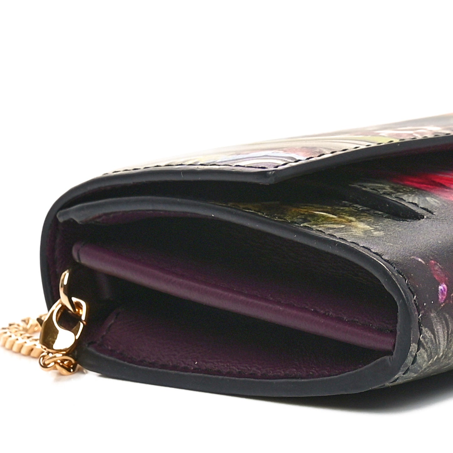 Printed Calfskin Dripping Flower Skull Wallet on Chain Multicolor