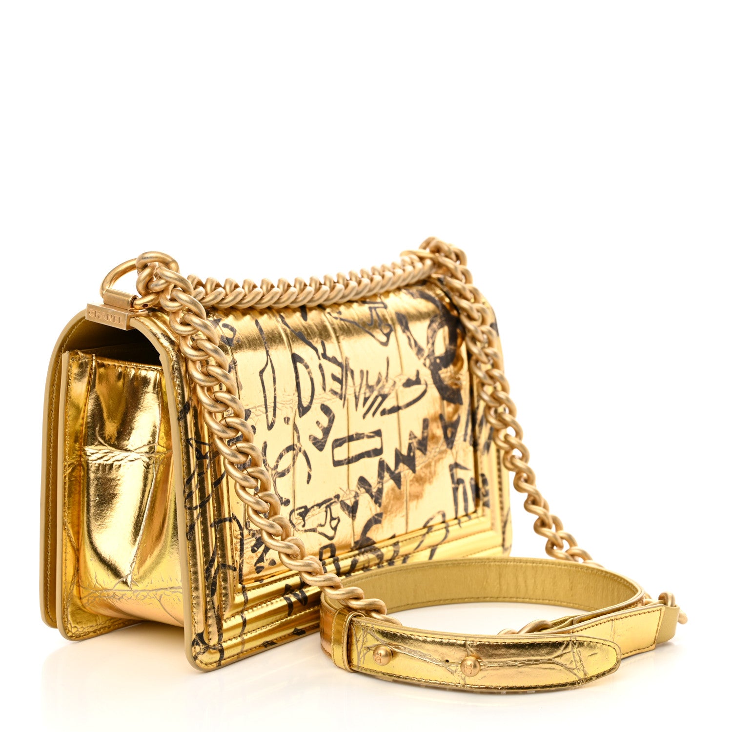 Chanel Metallic Calfskin Crocodile Embossed Graffiti Medium Cocodile Boy Flap Gold 3 of 11