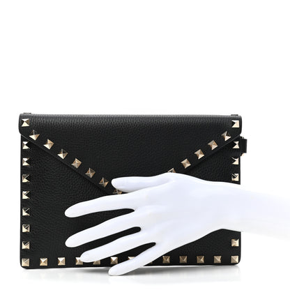 Valentino Garavani Pebbled Calfskin Medium Rockstud Envelope Flat Wristlet Pouch Black 2 of 7