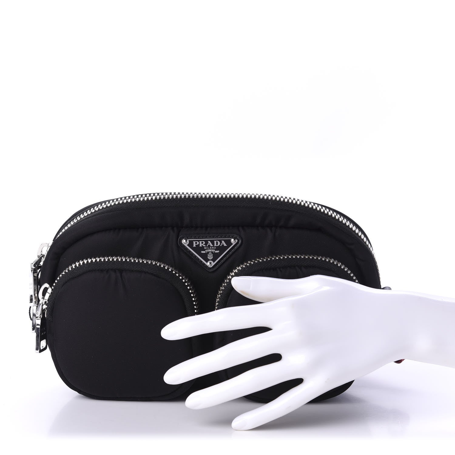 Prada Tessuto Nylon Double Pocket Wristlet Pouch Black Fuoco 2 of 9