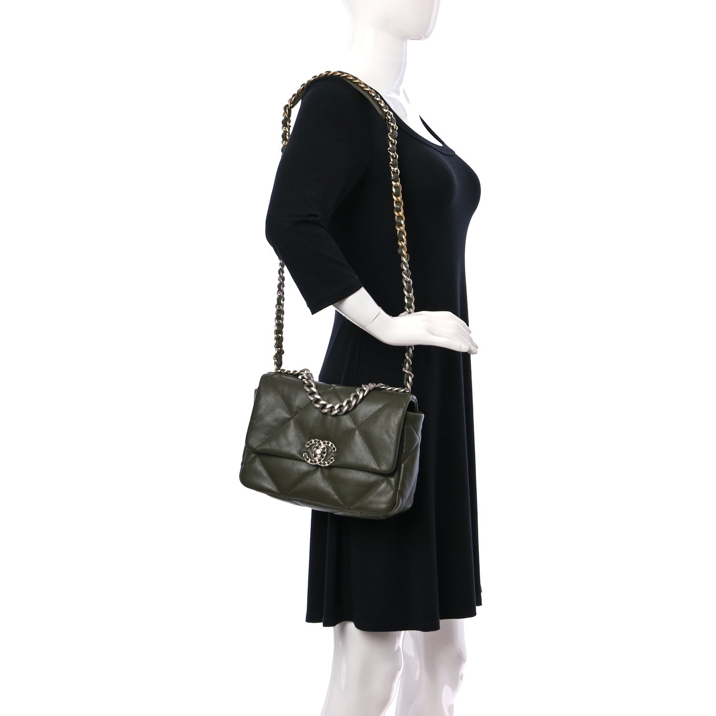 Lambskin Quilted Medium Chanel 19 Flap Khaki