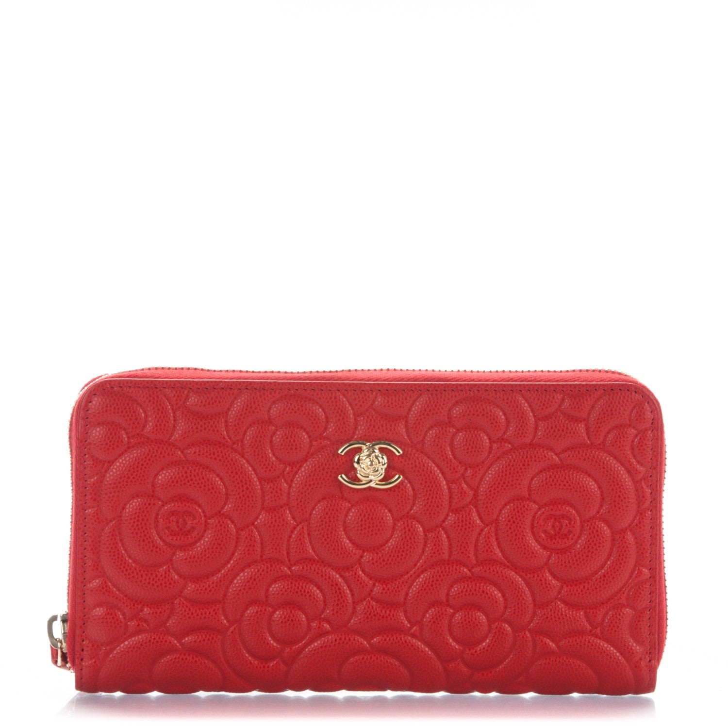 Chanel Caviar Camellia Embossed Zip Around Large Gusset Wallet Red 1 of 8