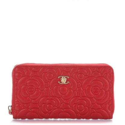 Chanel Caviar Camellia Embossed Zip Around Large Gusset Wallet Red 1 of 8