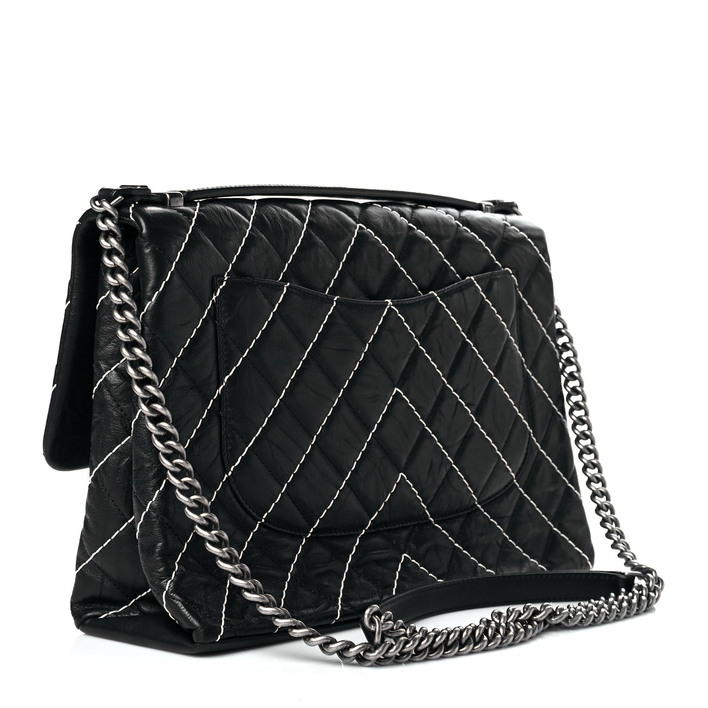 Calfskin Chevron Stitched Jumbo Single Flap Black