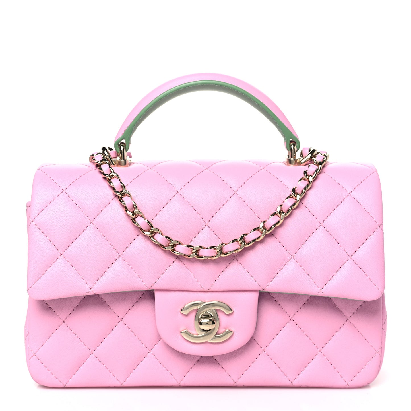 Lambskin Quilted Mini Top Handle Rectangular Flap Pink Green