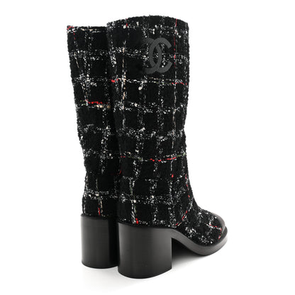 Chanel Wool Tweed Calfskin Cap Toe High Boots 38.5 Black Multicolor 4 of 10