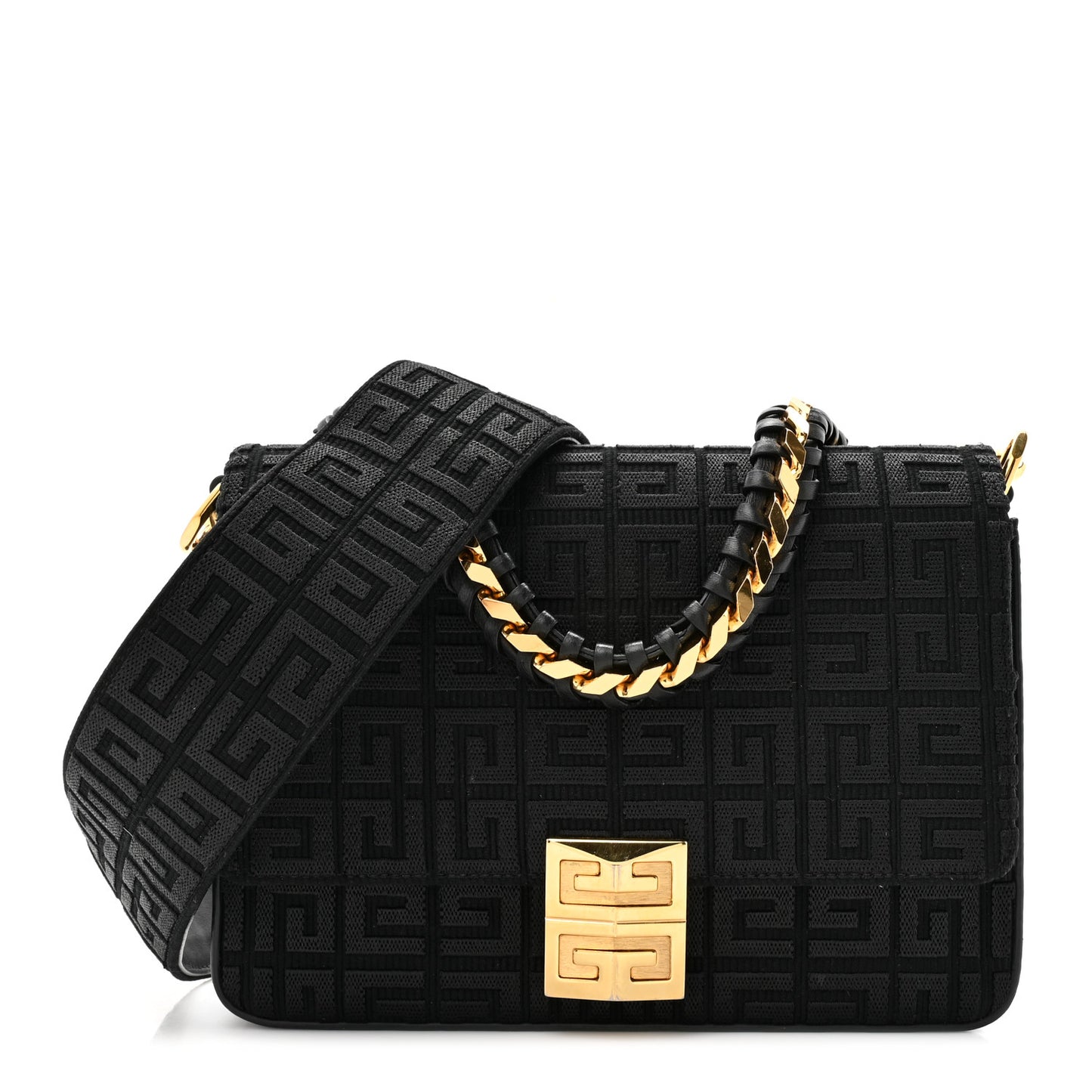 Canvas Woven Embroidered Medium 4G Bag With Chain Black