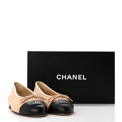 Chanel Lambskin Cap Toe CC Ballerina Flats 37 Beige Black 10 of 10