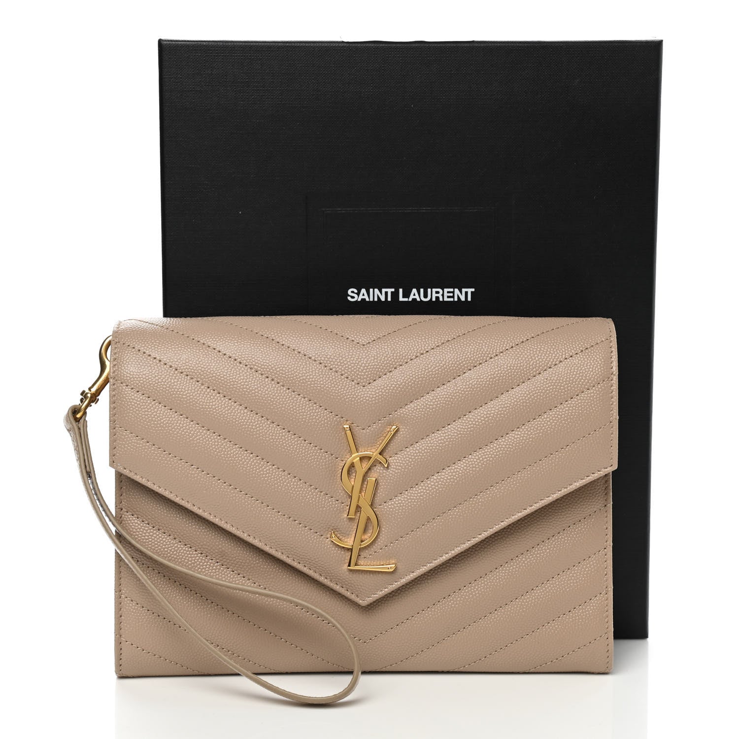 Saint Laurent Grain De Poudre Matelasse Chevron Monogram Envelope Clutch Dark Beige 8 of 8