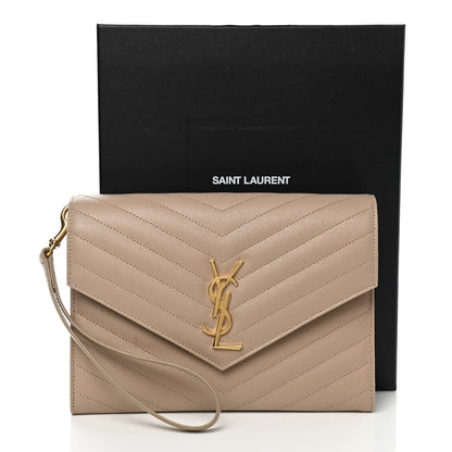 Saint Laurent Grain De Poudre Matelasse Chevron Monogram Envelope Clutch Dark Beige 8 of 8