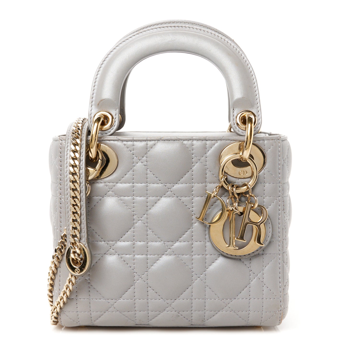 Metallic Lambskin Cannage Mini Lady Dior Grey