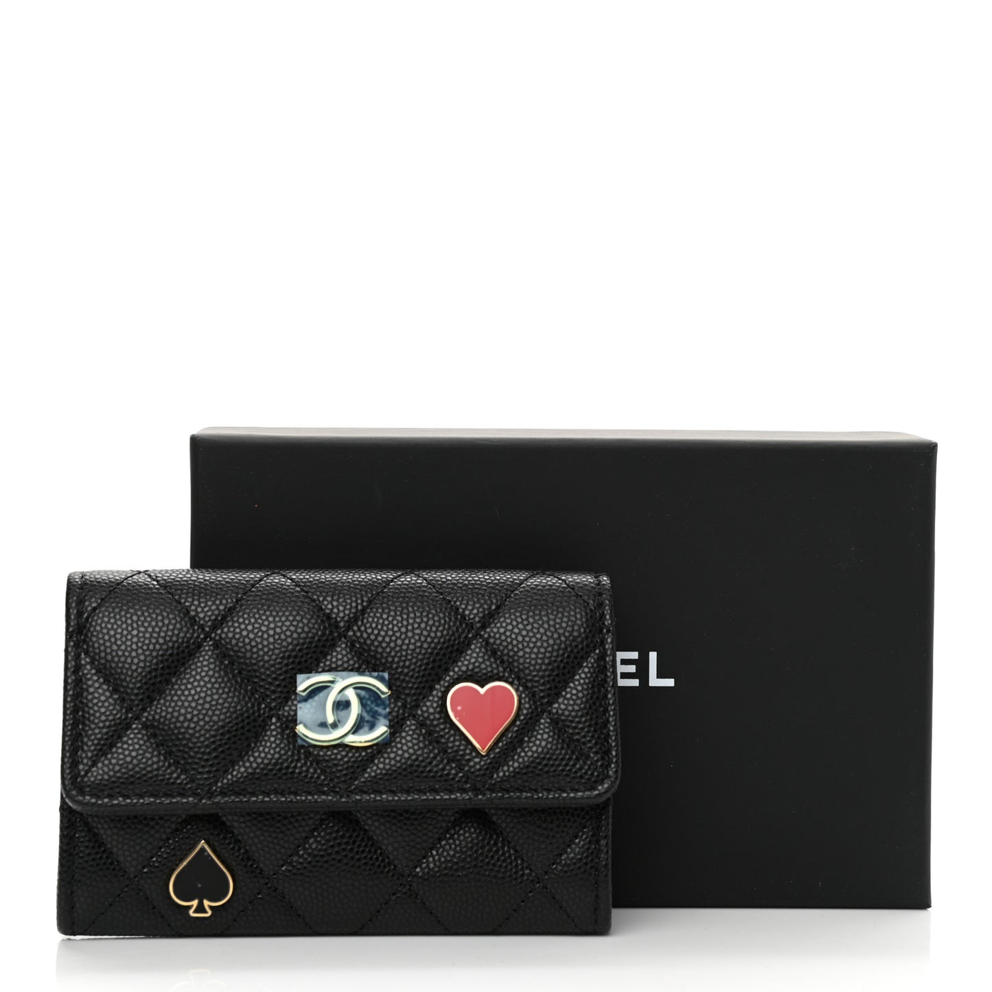 Caviar Quilted Enamel Coco Casino Flap Card Holder Wallet Black