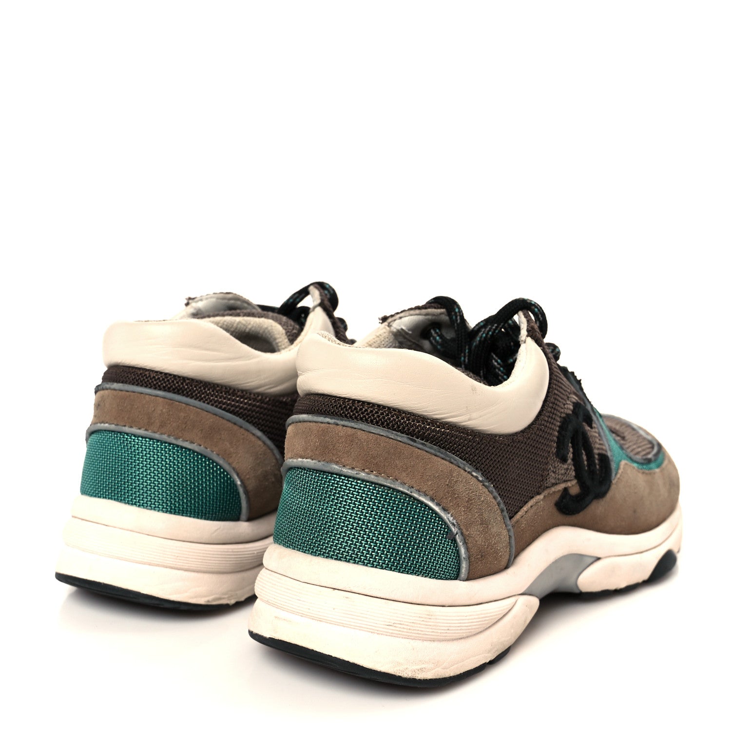 Chanel Nylon Calfskin Suede Womens CC Sneakers 37.5 Brown Green 5 of 11