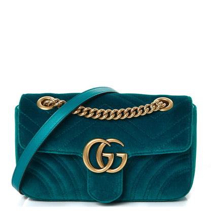 Gucci Velvet Matelasse Mini GG Marmont Shoulder Bag Pavone Cyan 1 of 9